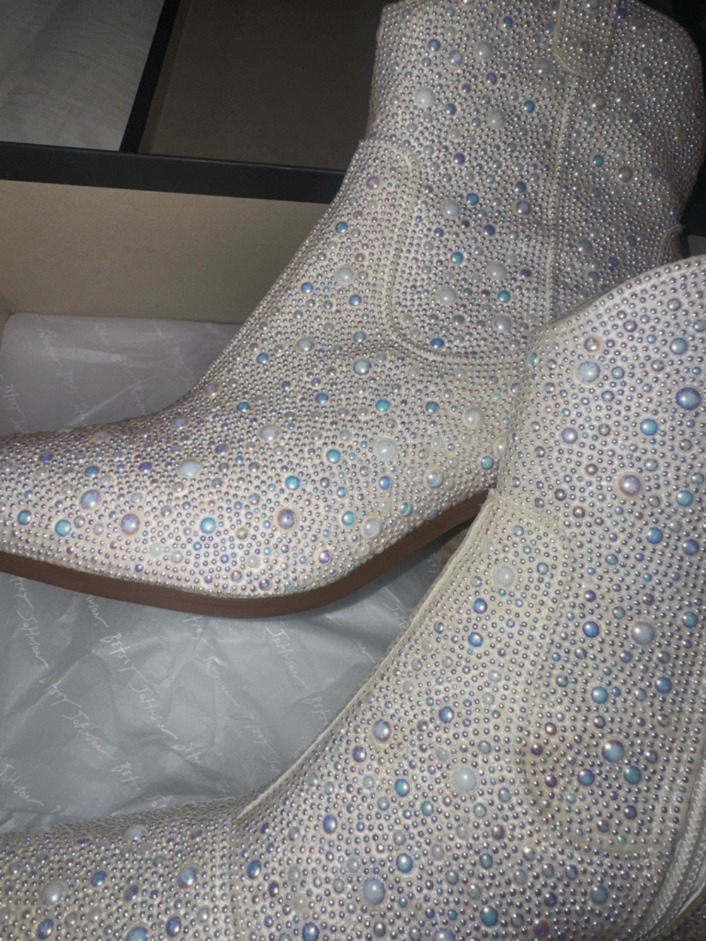 Betsey Johnson Ivory Crystal & Pearl Embellished Ankle Boots - Picture 3 of 4